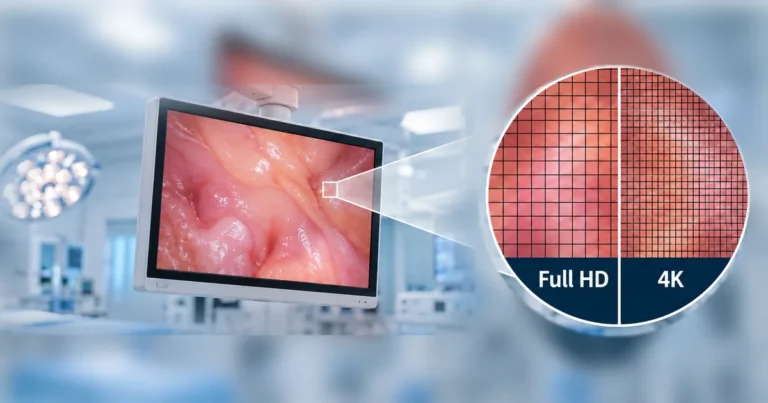 Surgical monitor on a boom arm in an operating room, with a magnified inset comparing the pixel grid of Full HD and 4K