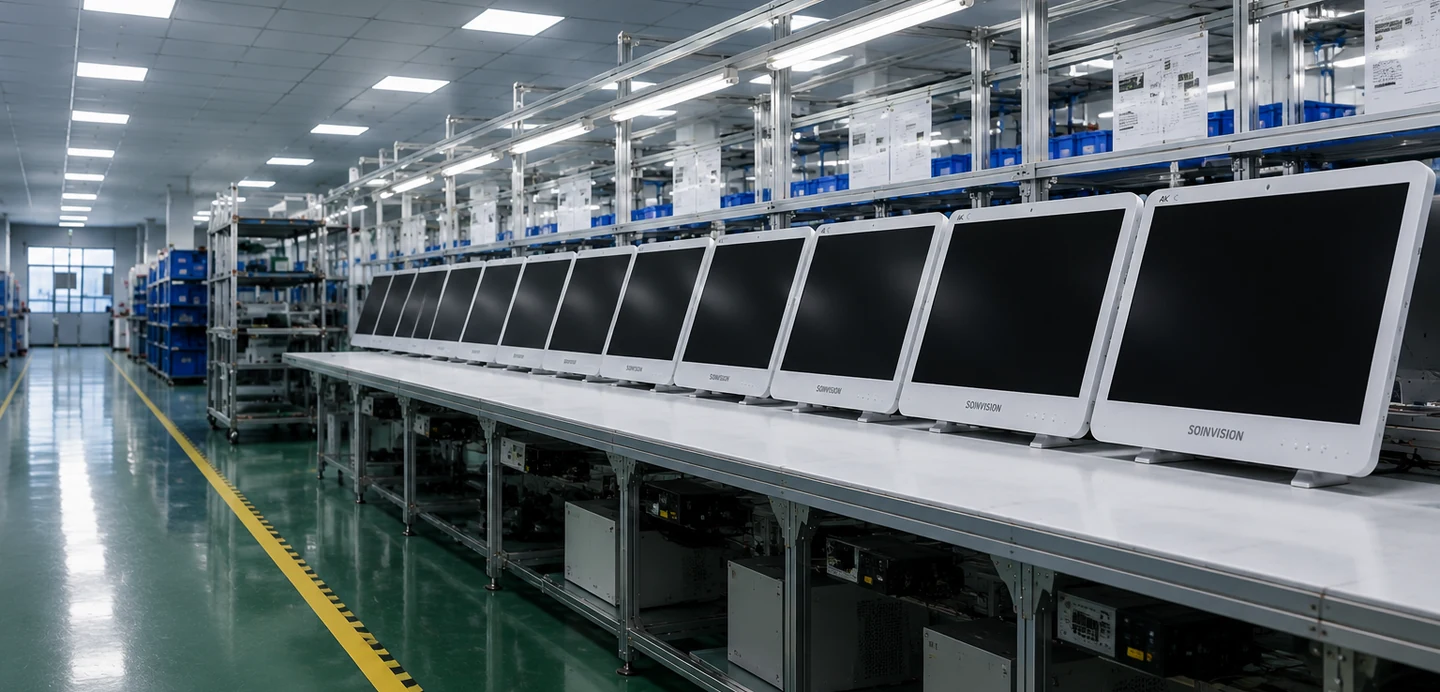 Medical display manufacturing line with assembled monitors