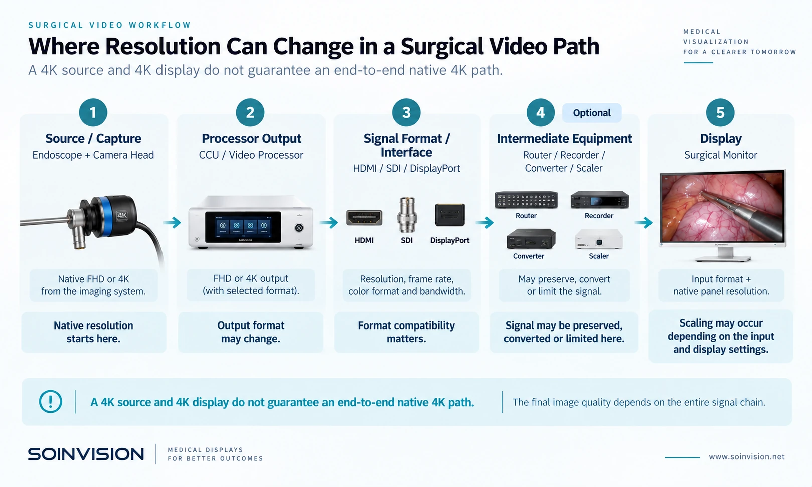 Five-stage surgical video path showing source capture, processor output, signal format/interface, optional intermediate equipment, and display.