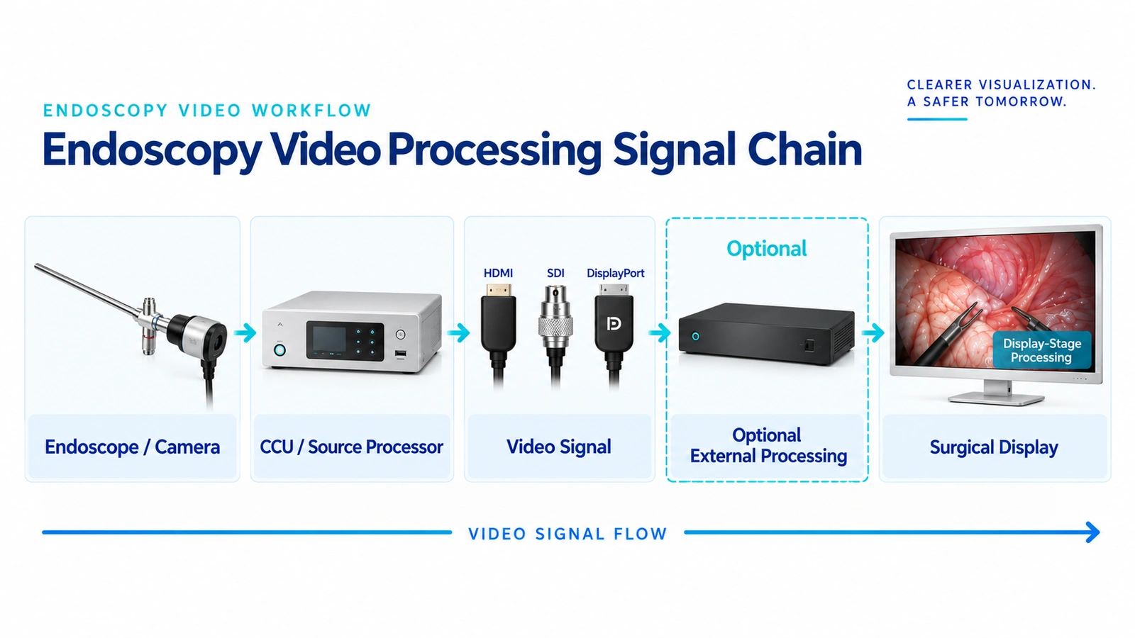 Endoscopy video processing signal chain from endoscope and camera through source processor, optional external processing, and surgical display