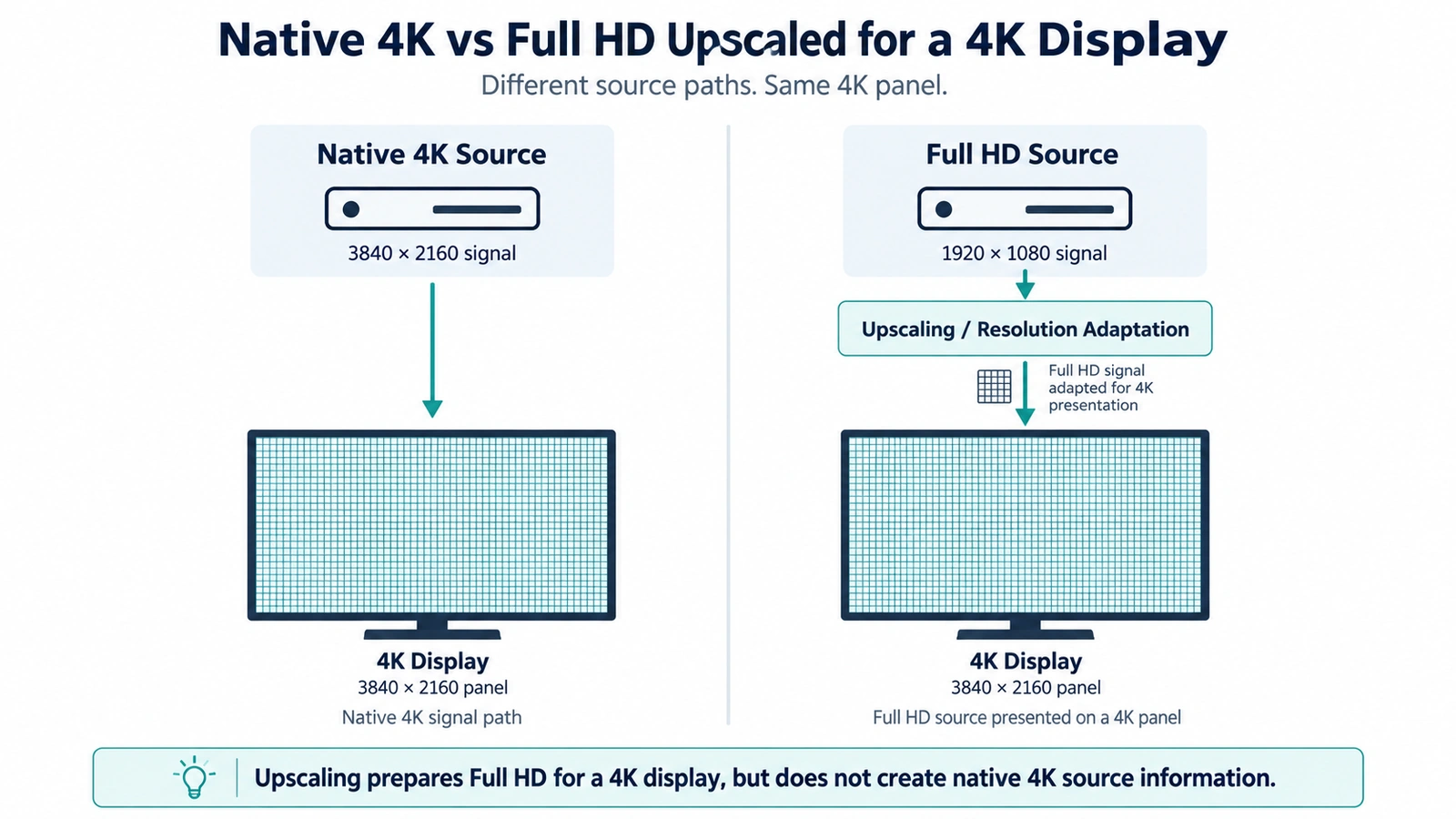 Diagram comparing a native 4K source path with a Full HD source upscaled for presentation on a 4K display