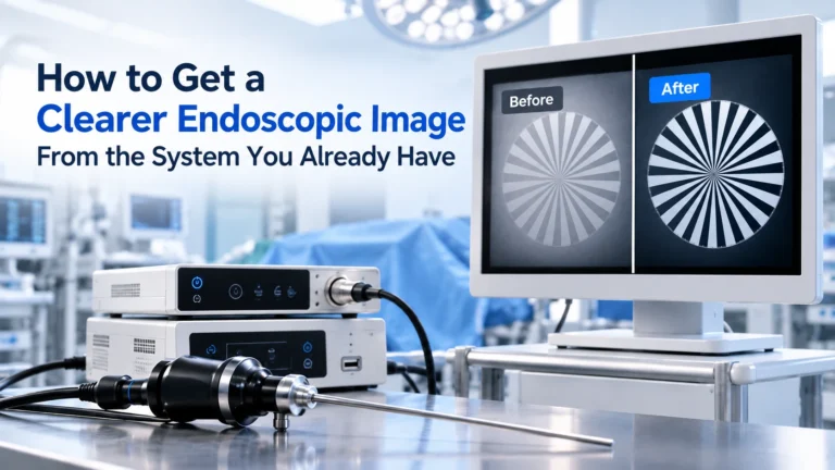 Endoscopy camera head, rigid scope and camera control unit beside a monitor showing a test chart before and after contrast improvement