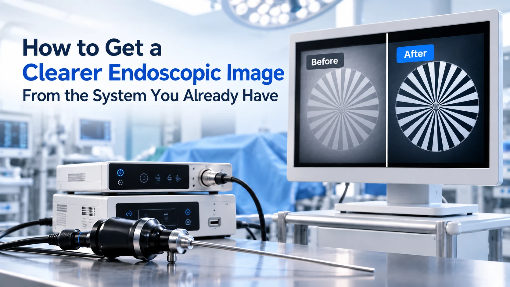 Endoscopy camera head, rigid scope and camera control unit beside a monitor showing a test chart before and after contrast improvement