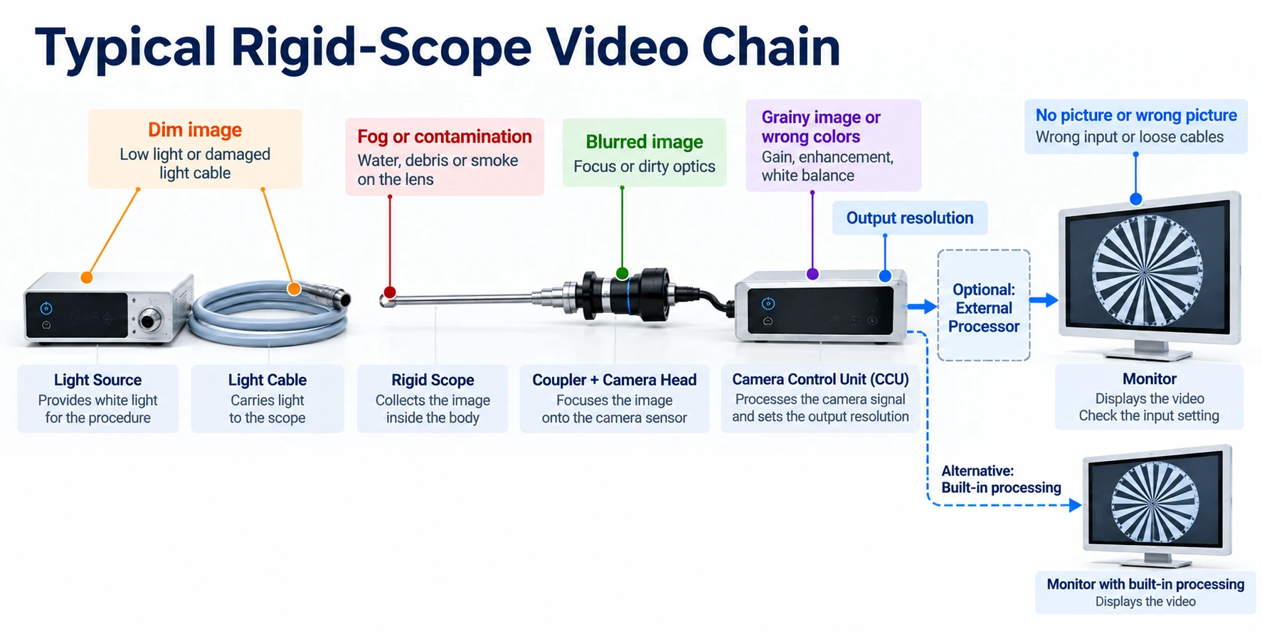 Typical rigid-scope video chain from light source to monitor, showing where common image problems start