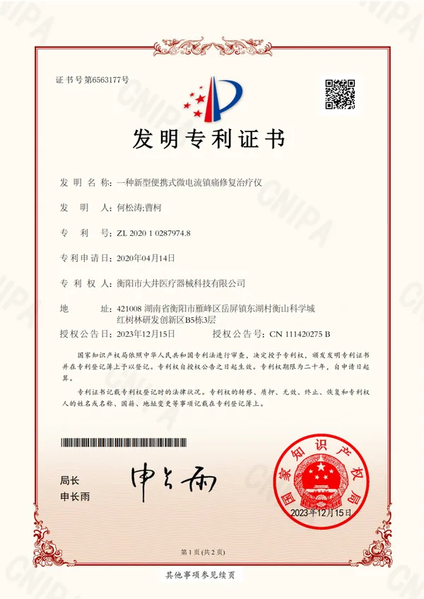 一种新型便携式微电流镇痛 修复治疗仪 certificate